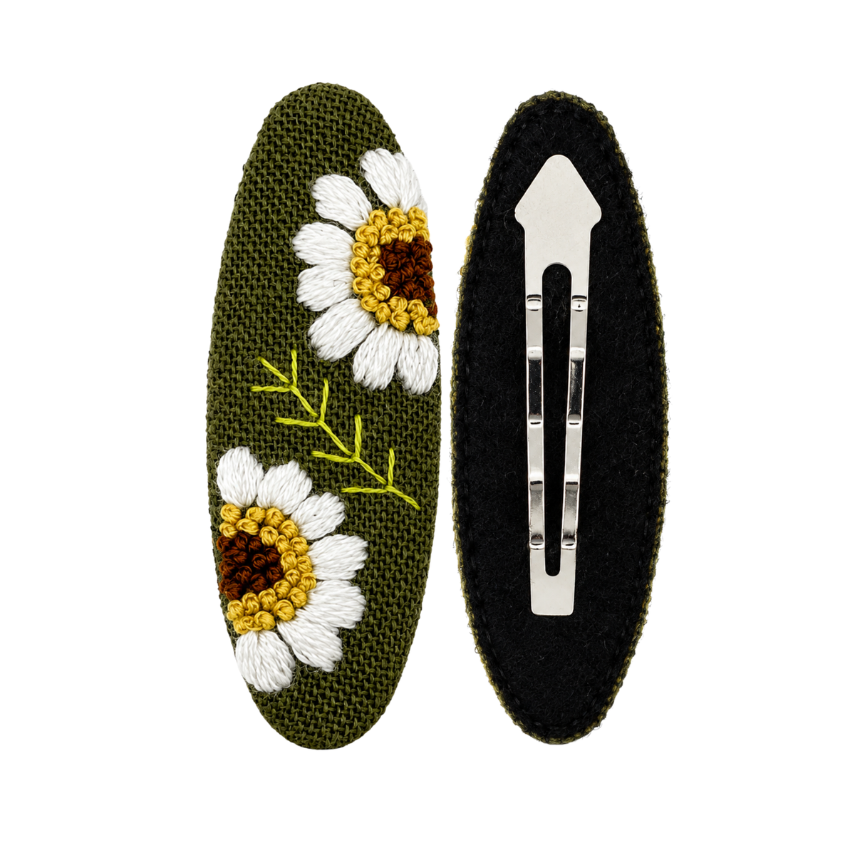 Handmade Embroidered Sunflower, Olive Green Linen Hair Snap Clips, Oval, 2.36 in. (Pack of 2)