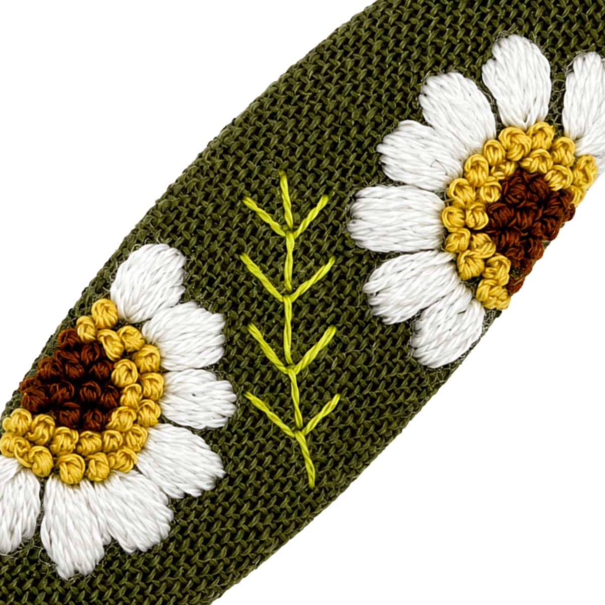 Handmade Embroidered Sunflower, Olive Green Linen Hair Snap Clips, Oval, 2.36 in. (Pack of 2)