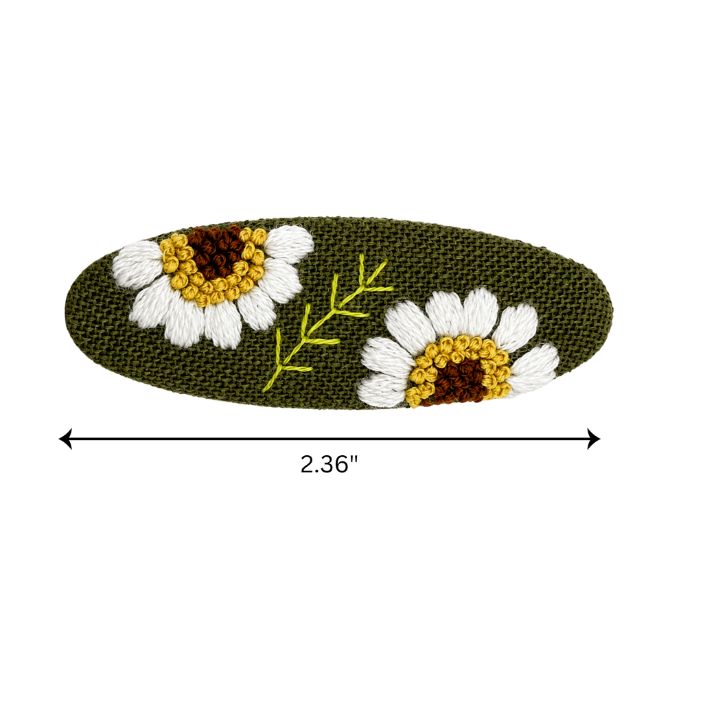 Handmade Embroidered Sunflower, Olive Green Linen Hair Snap Clips, Oval, 2.36 in. (Pack of 2)