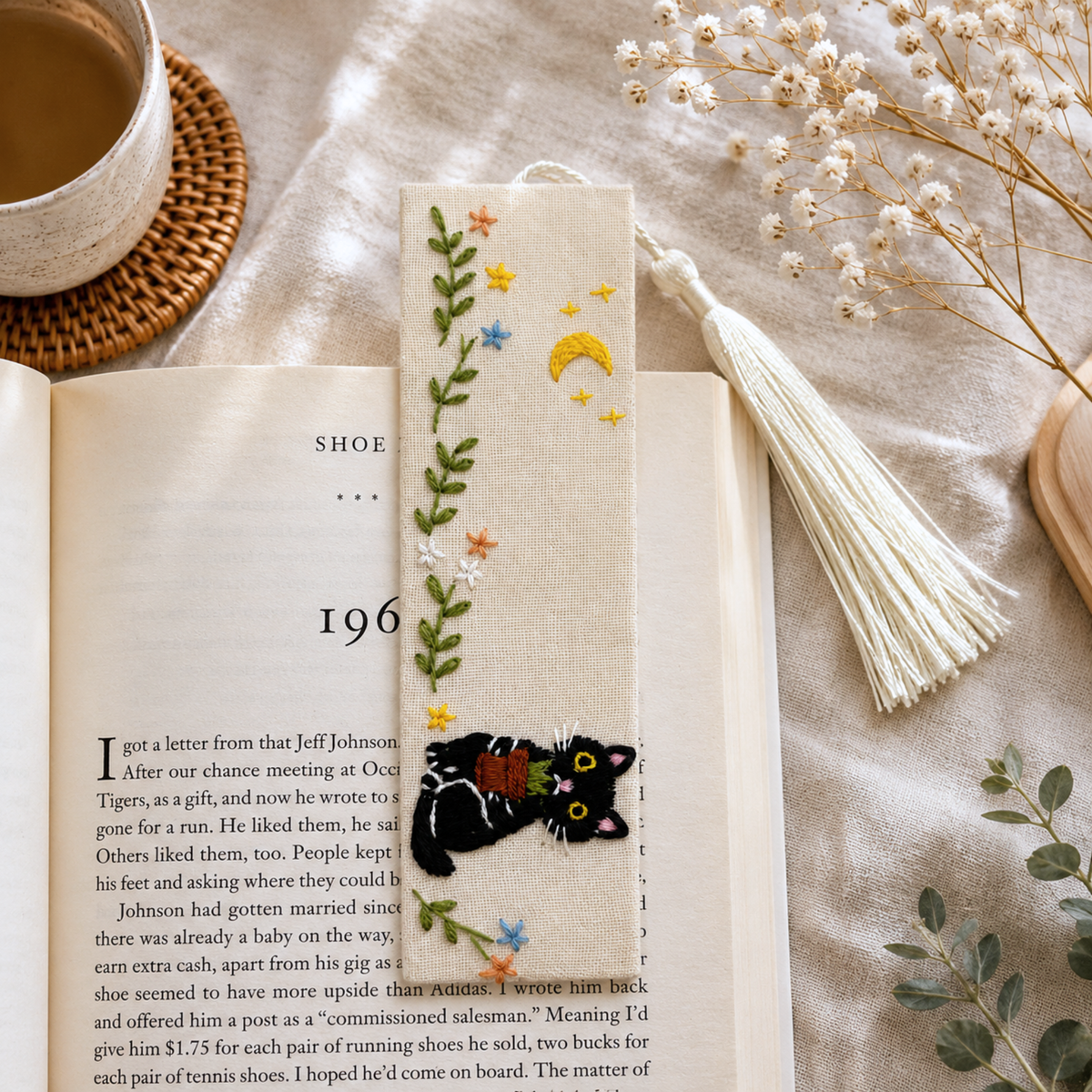 Handmade Embroidered Black Cat Linen Bookmark With Tassel - Garden Cat, 5.5 x 1.6 in.