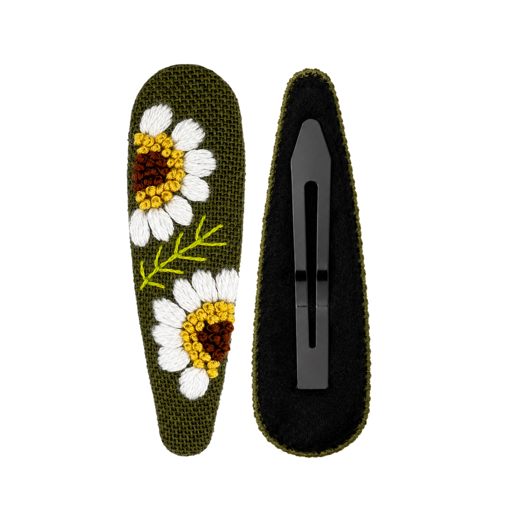 Handmade Embroidered Sunflower, Olive Green Linen Hair Snap Clips, Teardrop, 2.36 in. (Pack of 2)