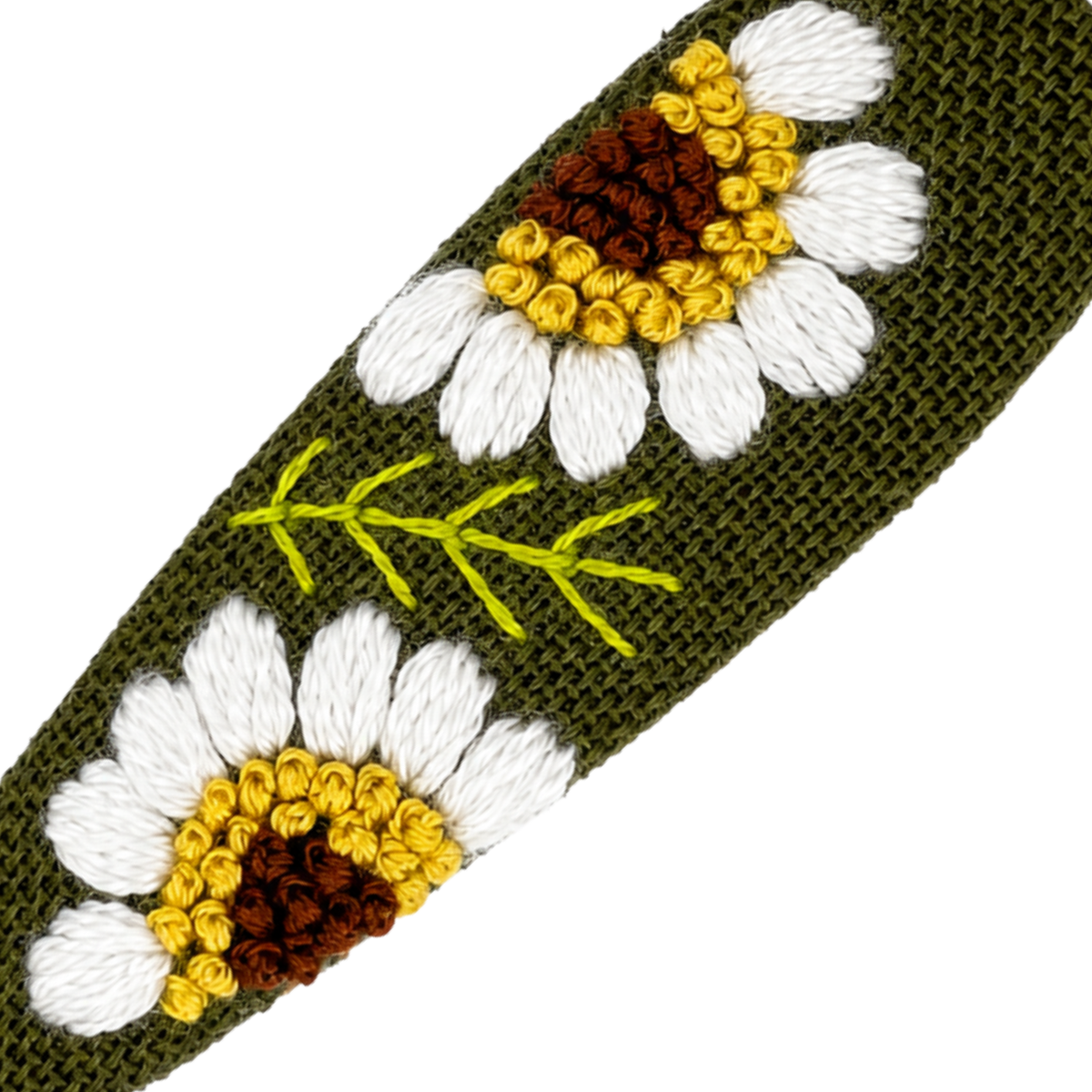 Handmade Embroidered Sunflower, Olive Green Linen Hair Snap Clips, Teardrop, 2.36 in. (Pack of 2)
