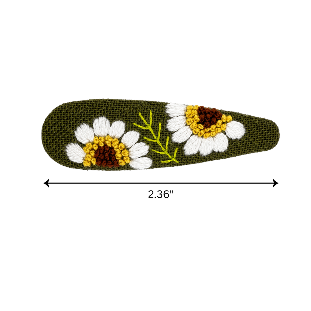 Handmade Embroidered Sunflower, Olive Green Linen Hair Snap Clips, Teardrop, 2.36 in. (Pack of 2)