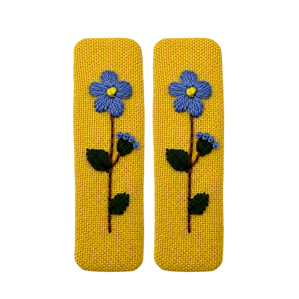 Handmade Embroidered Blue Flower, Light Blue Linen Hair Snap Clips, Rectangle, 2.36 in. (Pack of 2)