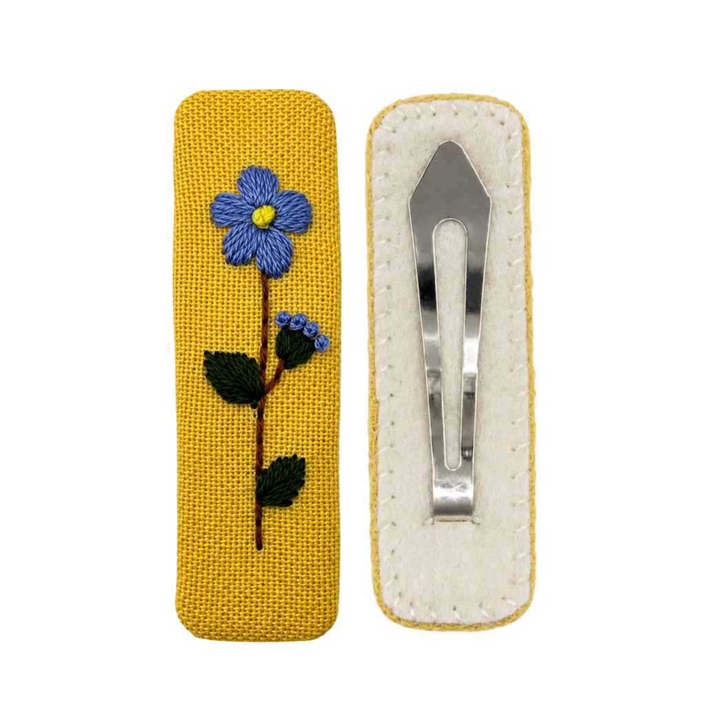 Handmade Embroidered Blue Flower, Light Blue Linen Hair Snap Clips, Rectangle, 2.36 in. (Pack of 2)