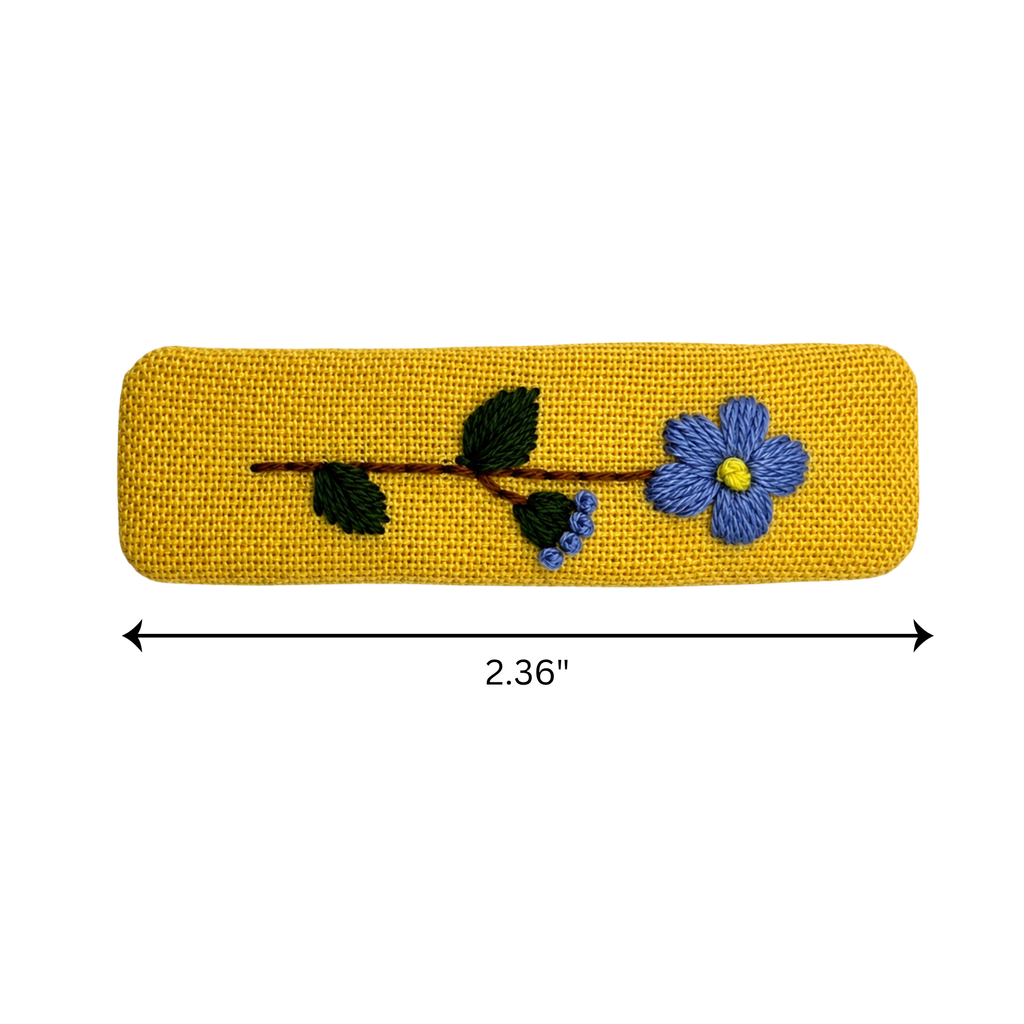 Handmade Embroidered Blue Flower, Light Blue Linen Hair Snap Clips, Rectangle, 2.36 in. (Pack of 2)