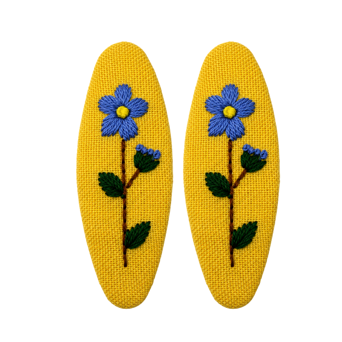 Handmade Embroidered Blue Flower, Light Blue Linen Hair Snap Clips, Oval, 2.36 in. (Pack of 2)