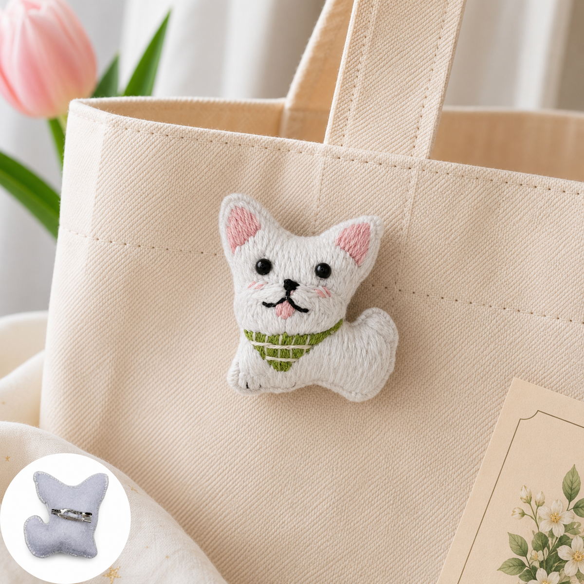 Handmade 3D Embroidered Dog Pin Badge for Bags, Hats & Clothing