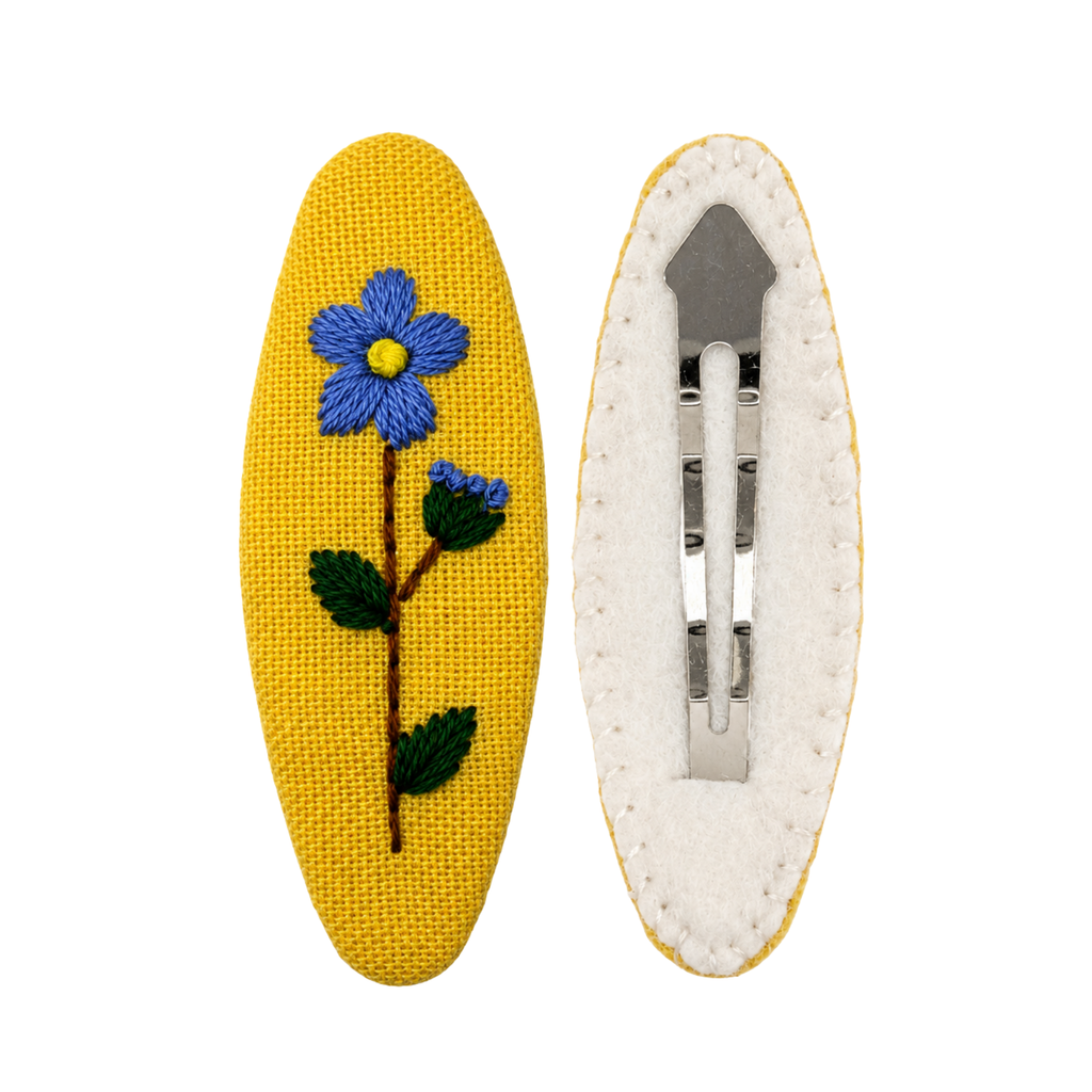 Handmade Embroidered Blue Flower, Light Blue Linen Hair Snap Clips, Oval, 2.36 in. (Pack of 2)