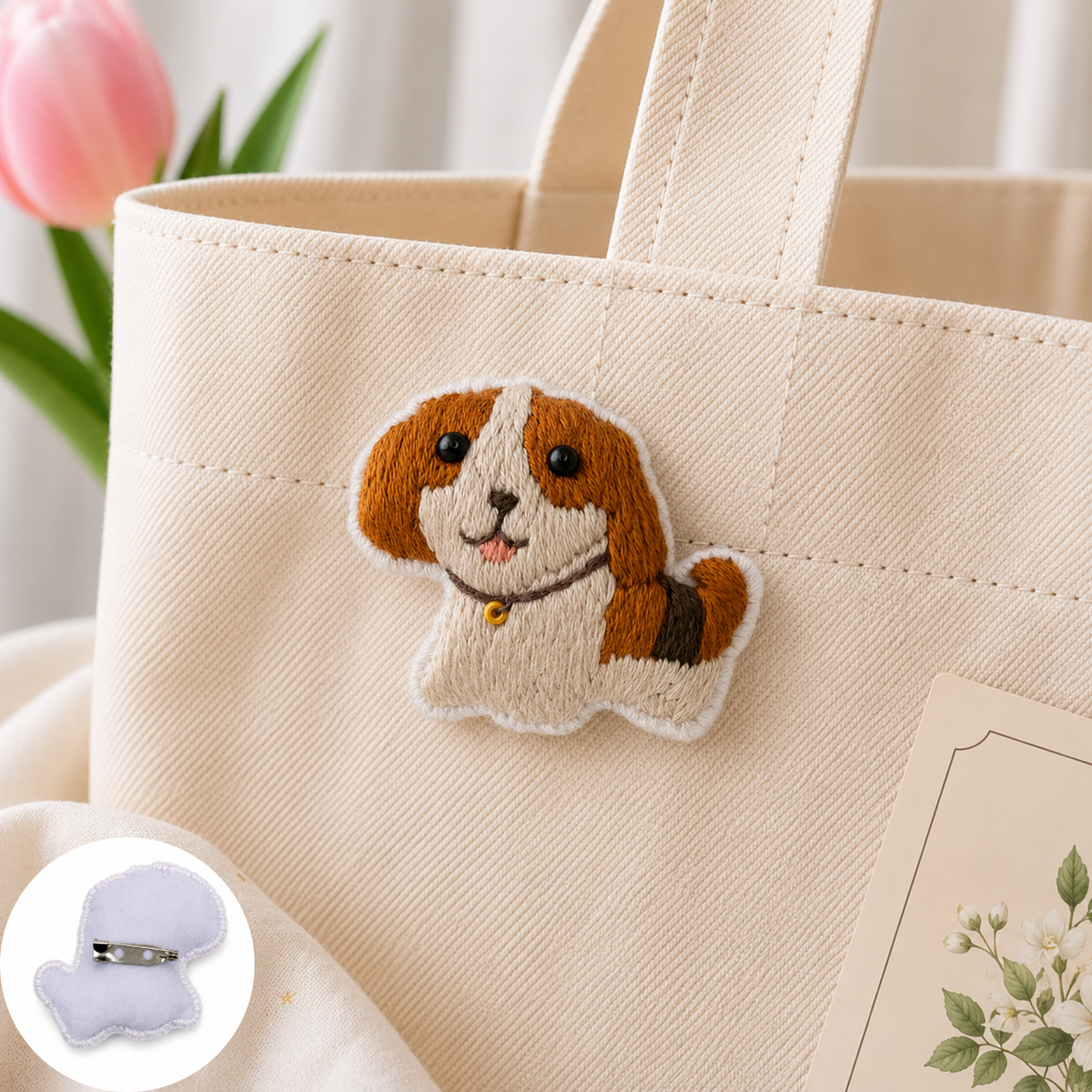 Handmade 3D Embroidered Dog Pin Badge for Bags, Hats & Clothing