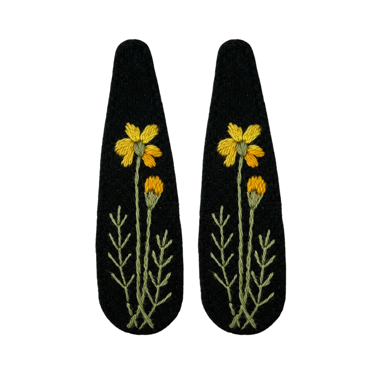 Handmade Embroidered Yellow Flower, Black Linen Hair Snap Clips, Teardrop, 2.36 in. (Pack of 2)
