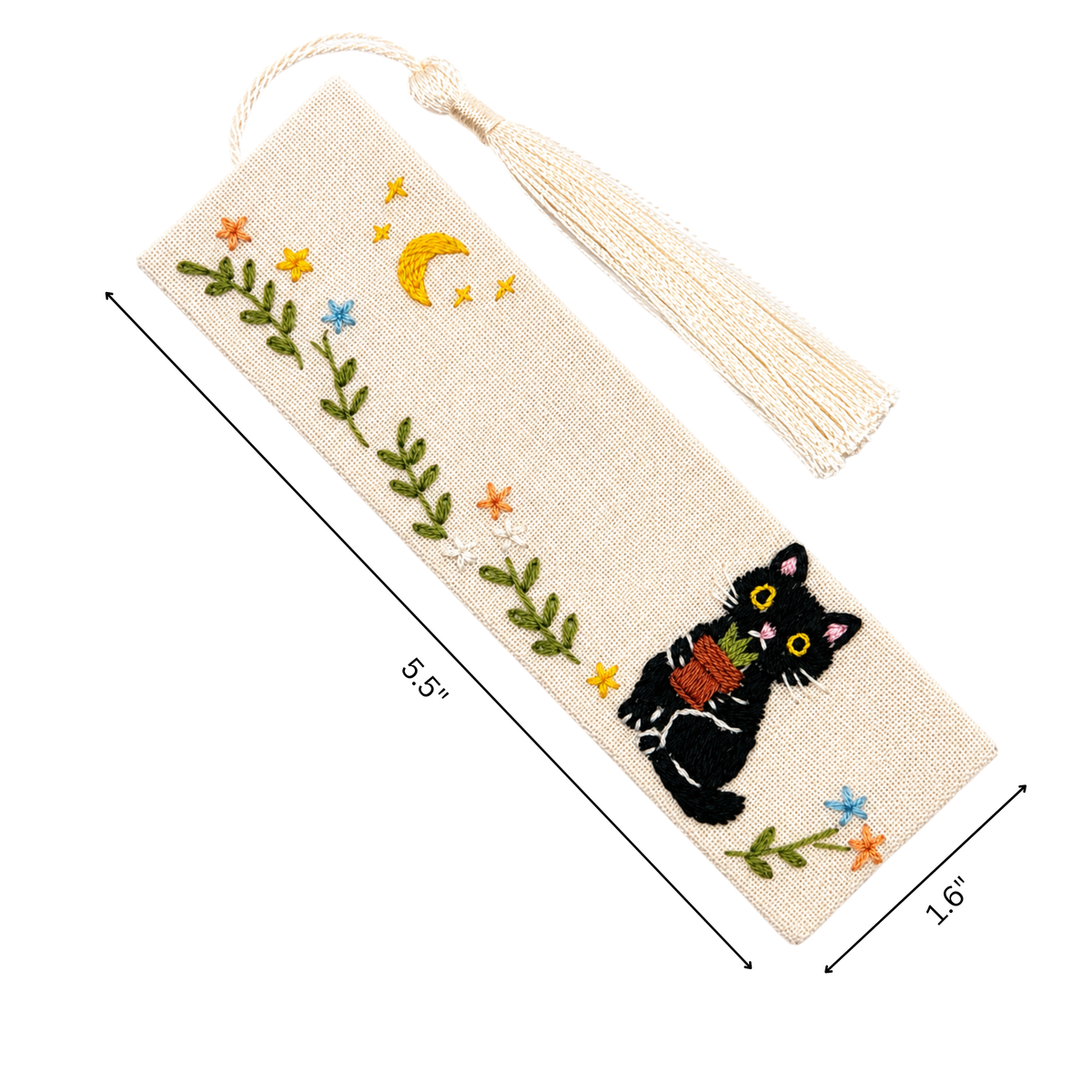 Handmade Embroidered Black Cat Linen Bookmark With Tassel - Garden Cat, 5.5 x 1.6 in.