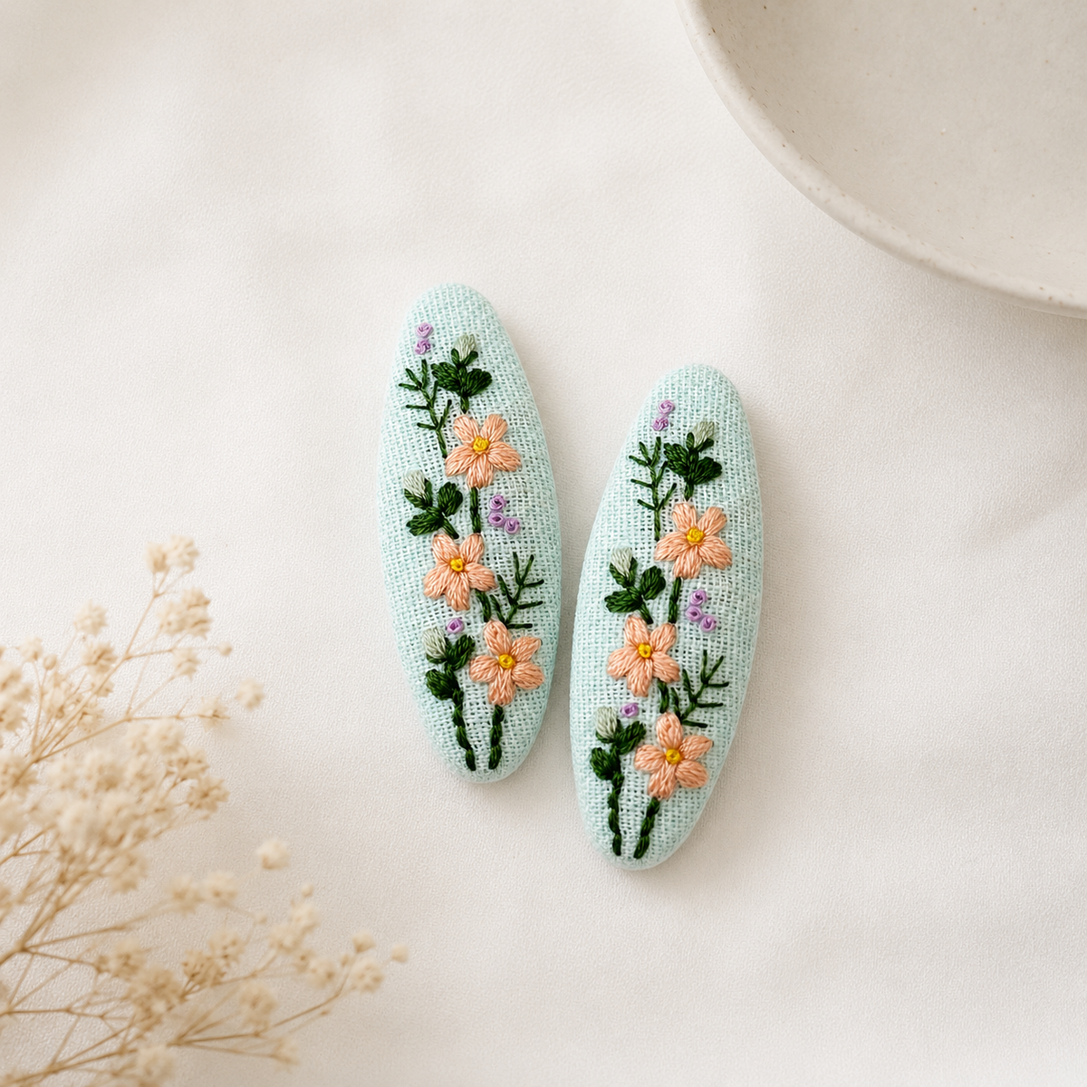 Handmade Embroidered Peach Flower, Mint Linen Hair Snap Clips, Oval, 2.36 in. (Pack of 2)