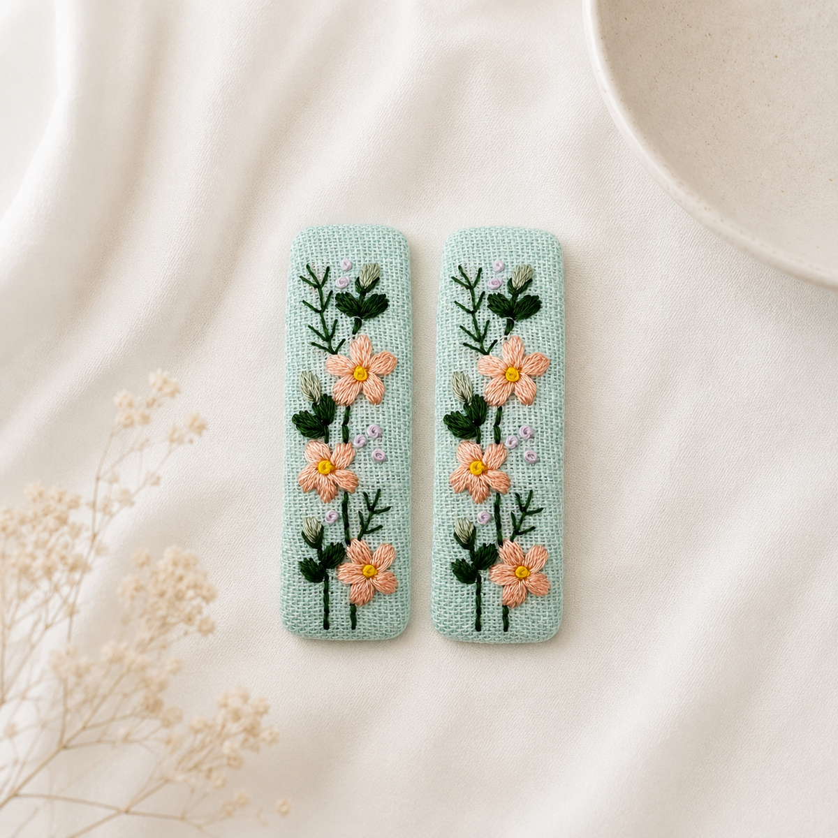 Handmade Embroidered Peach Flower, Mint Linen Hair Snap Clips, Rectangle, 2.36 in. (Pack of 2)