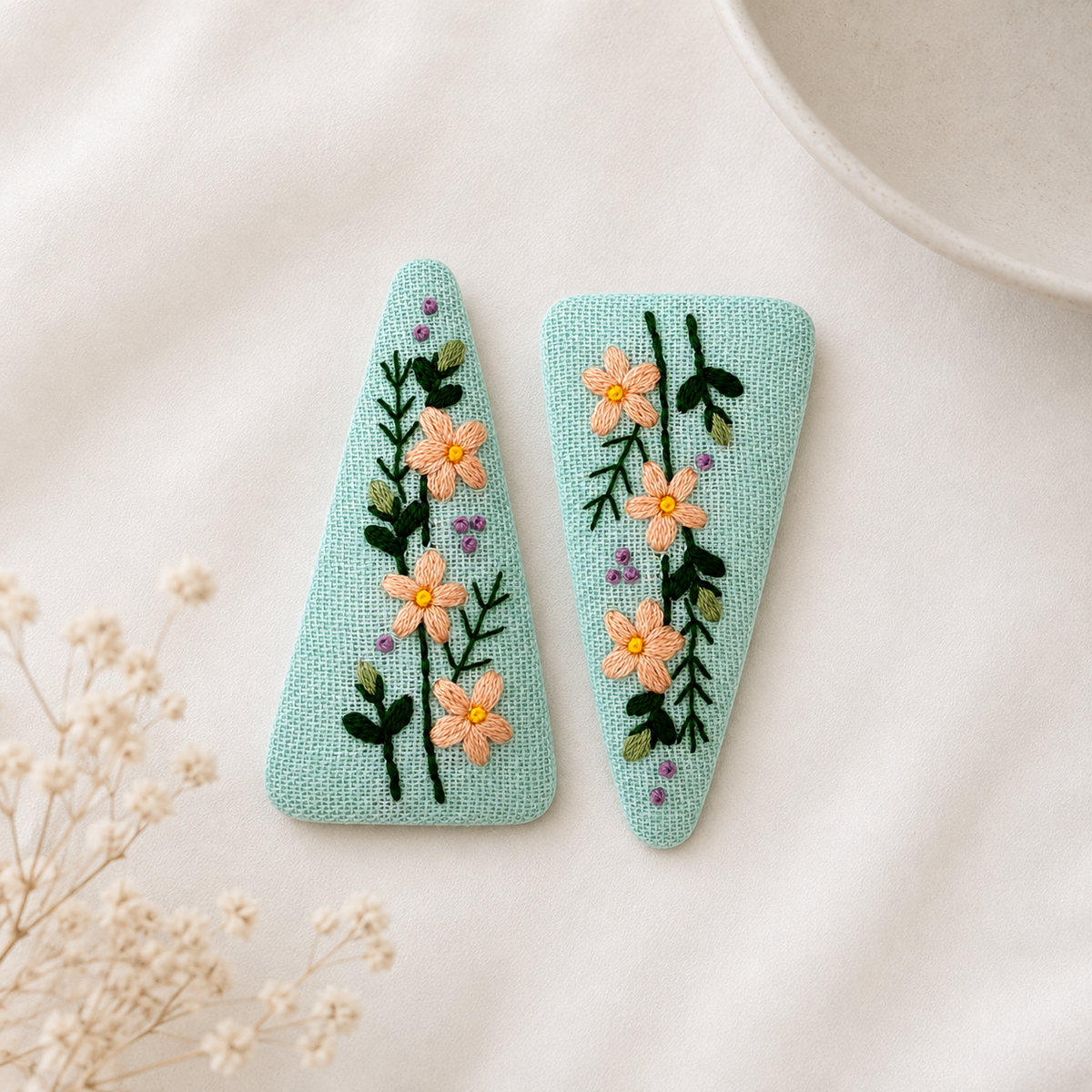 Handmade Embroidered Peach Flower, Mint Linen Hair Snap Clips, Triangle, 2.76 in. (Pack of 2)