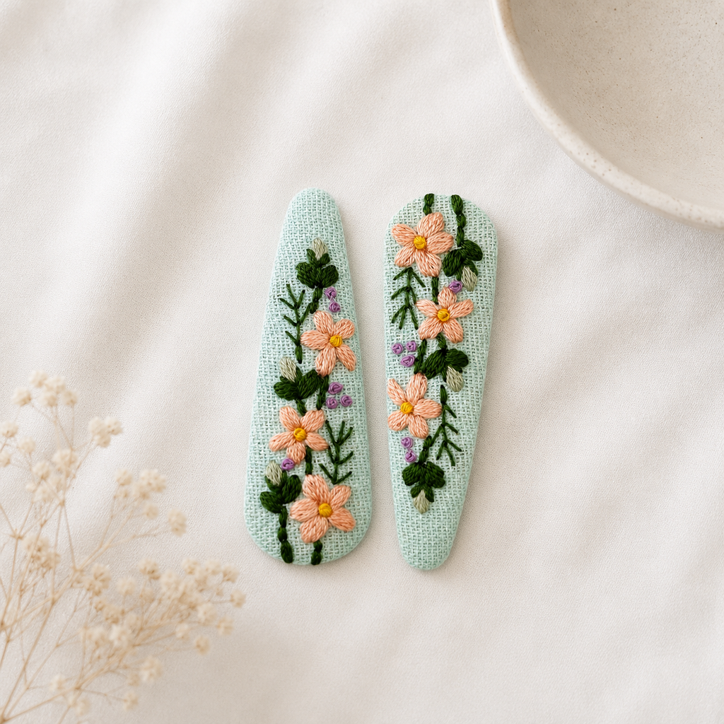 Handmade Embroidered Peach Flower, Mint Linen Hair Snap Clips, Teardrop, 2.36 in. (Pack of 2)