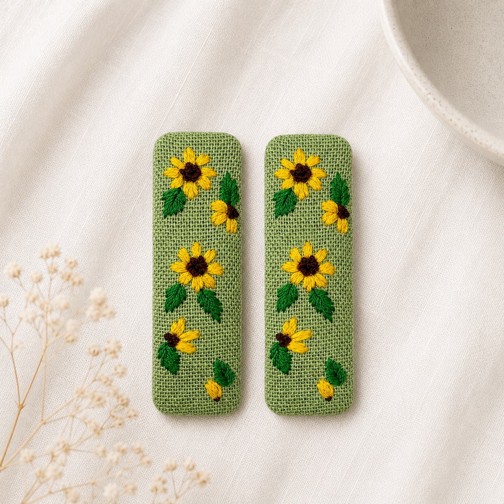 Handmade Embroidered Sunflower, Green Linen Hair Snap Clips, Rectangle, 2.36 in. (Pack of 2)