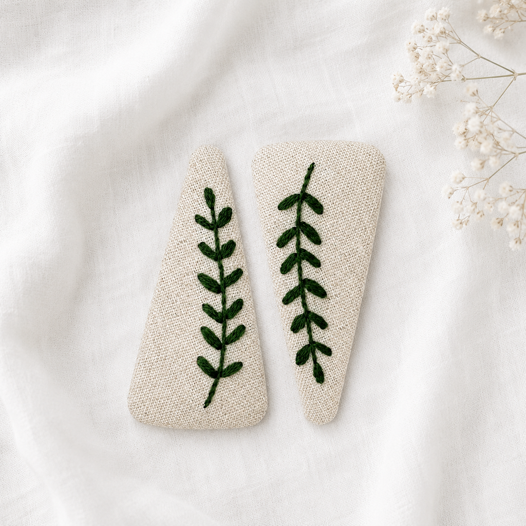 Handmade Embroidered Dark Green Leaf, Natural Linen Hair Snap Clips, Triangle, 2.76 in. (Pack of 2)