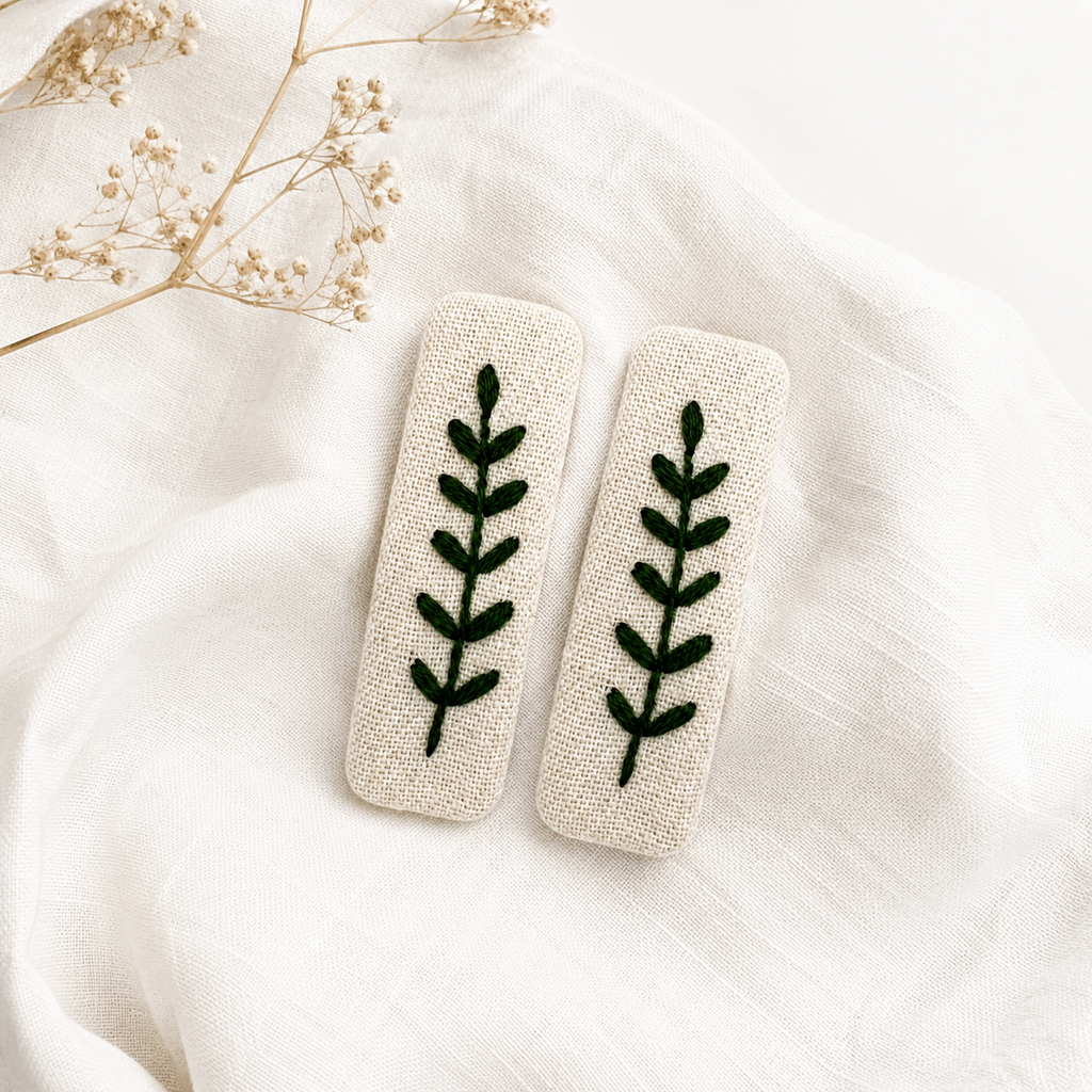 Handmade Embroidered Dark Green Leaf, Natural Linen Hair Snap Clips, Rectangle, 2.36 in. (Pack of 2)
