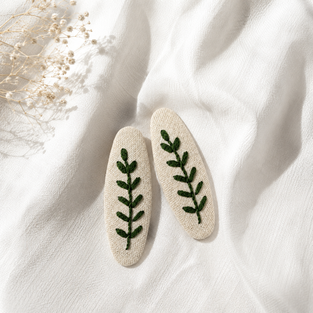 Handmade Embroidered Dark Green Leaf, Natural Linen Hair Snap Clips, Oval, 2.36 in. (Pack of 2)