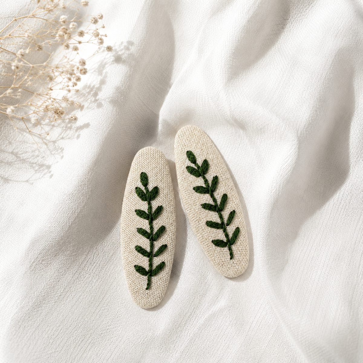 Handmade Embroidered Dark Green Leaf, Natural Linen Hair Snap Clips, Oval, 2.36 in. (Pack of 2)